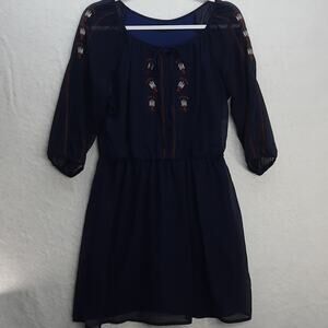 Ruby Rox Peasant‎ Dress Womens Medium Navy Blue Embroidered Boho Feminine